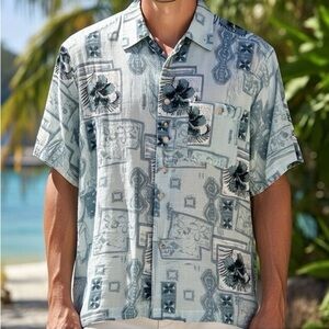 Chereskin Men’s Linen Blend Short Sleeve Hawaiian Button Down Shirt Medium